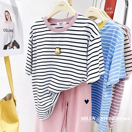 韩国东大门短袖上衣夏季新款ins撞色温柔条纹T恤百搭减龄纯棉tee图片