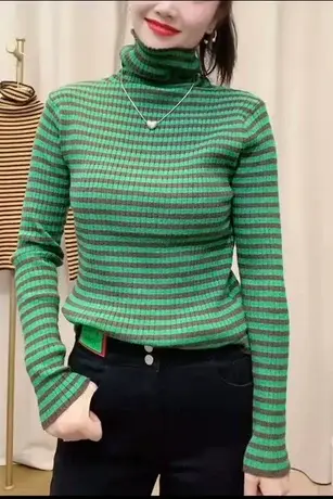 条纹高领打底衫女秋冬2023年新款百搭修身显示堆堆领毛衣内搭上衣图片