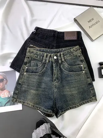 韩版复古牛仔短裤女2023秋新款双层口袋高腰短裤ins宽松阔腿a字裤商品大图