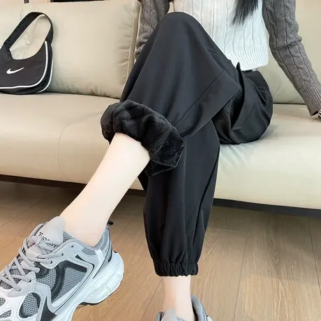 黑色加绒束脚工装裤女秋冬新款高腰加厚宽松小个子美式登山运动裤图片