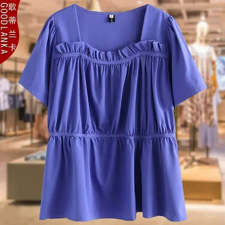 中年妈妈夏季方领短袖上衣洋气时尚加肥加大码女装宽松四面弹T恤商品大图