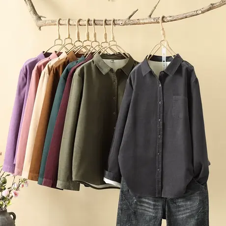 加厚衬衫女灯芯绒百搭宽松显瘦保暖打底衫秋冬季新款衬衣加绒衬衫图片