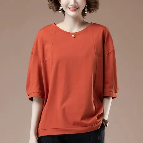 七分袖T恤女春夏加肥加大码女装宽松中年妈妈休闲纯棉中袖打底衫图片