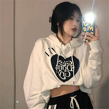 2024秋季爱心古着感ins印花连帽卫衣女新款欧货高街长袖女上衣潮图片