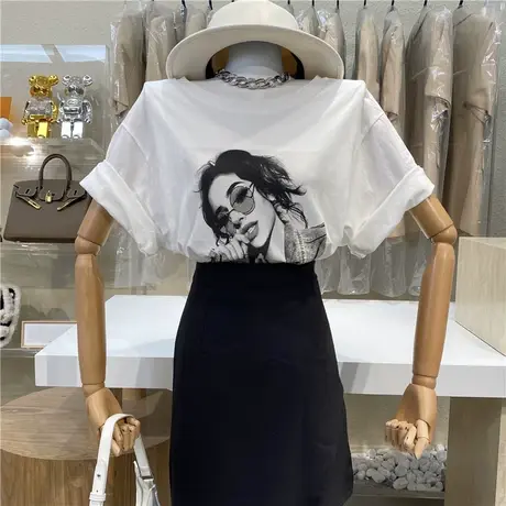 欧美风复古印花短袖T恤女2021夏季新款宽松圆领字母百搭休闲上衣商品大图