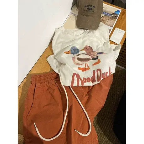 单品bi备！两只小鸭清凉爽滑雪花棉印花短袖T恤女宽松套头上衣商品大图