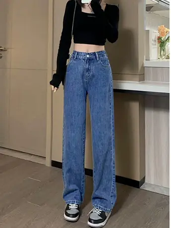 清仓捡漏美式复古通勤牛仔裤女宽松秋冬高腰休闲直筒阔腿裤潮商品大图