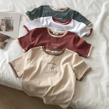 港风复古短袖t恤女夏天修身韩版学生百搭半截袖日系韩风chic上衣商品大图