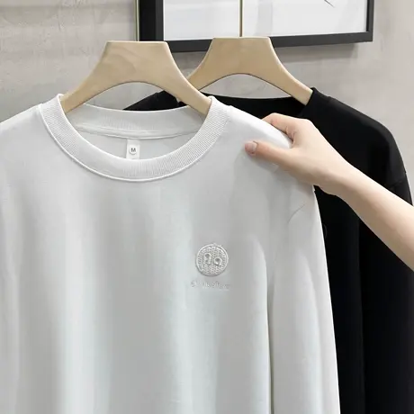 圆领小刺绣设计感卫衣22春秋季新款韩版宽松套头无帽日系打底T恤图片