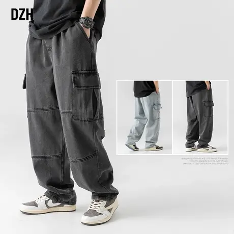 男士黑色松紧腰牛仔裤男潮牌直筒裤宽松休闲裤男裤长裤日系工装裤商品大图