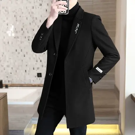 男士修身中长款呢子韩版休闲大衣风衣服小西装羊毛呢新款外套潮流图片