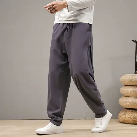 中国风秋季休闲裤男宽松阔腿裤透气亚麻长裤哈伦裤加肥加大码裤子图片