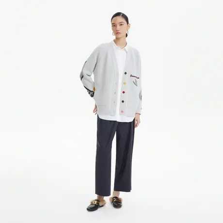 LANCY/朗姿高级羊毛衫秋季新款开衫女高级印花设计感长袖外套奥莱图片