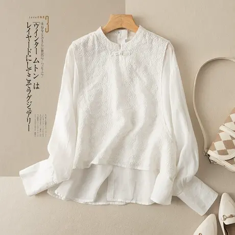 享永子假两件套刺绣重工苎麻衬衫女秋文艺复古宽松设计感2024新款图片