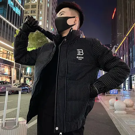 2023冬装新款美式潮牌条纹字母立领棉服男款冬季小外套男冬装棉衣图片