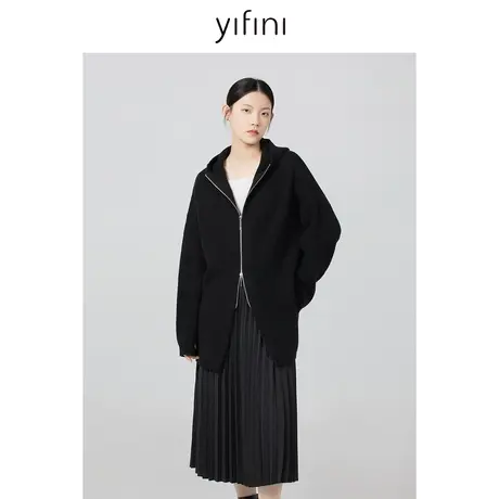 Yifini/易菲宽松中长款连帽坑条黑色毛衫女冬季新款保暖外套图片
