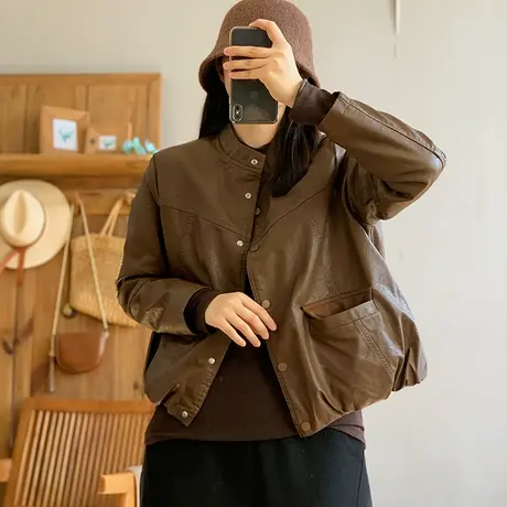 dza 复古短款皮棉衣外套女冬季新款加厚立领夹克宽松休闲保暖棉服图片