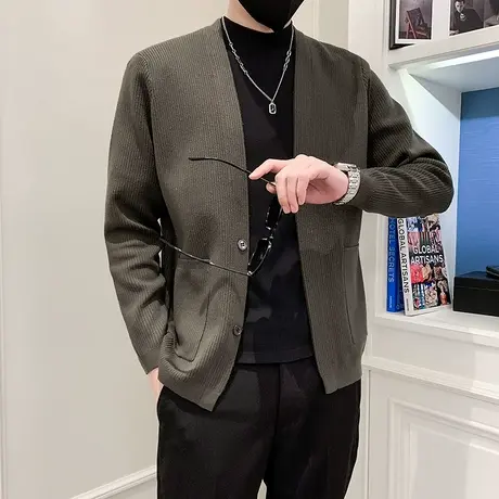 毛衣开衫男秋冬季韩版修身潮流轻熟风男装痞帅休闲纯色针织衫外套商品大图