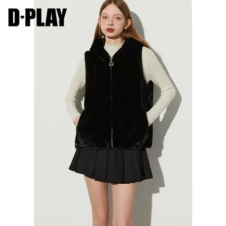 DPLAY春通勤黑色V领宽松外穿连帽仿皮毛一体马甲商品大图