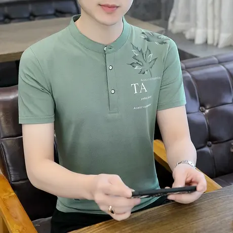 立领男短袖T恤潮流青年个性印花POLO衫男装休闲修身纯棉打底衫ins商品大图
