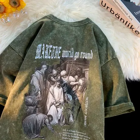 水洗做旧短袖T恤男夏季美式人物潮牌宽松大码重磅印花半袖体恤衫商品大图