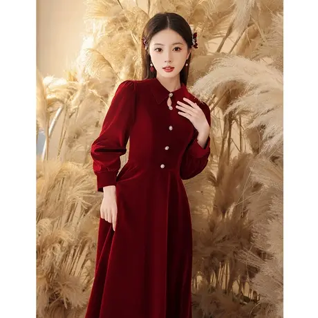 敬酒服新娘2023新款结婚礼服订婚连衣裙娃娃领甜美长袖秋冬丝绒女商品大图