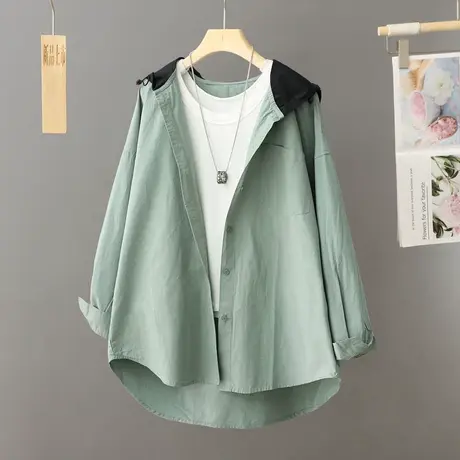 中长款连帽风衣衬衫外套女大码宽松2024春新款学院风百搭长袖衬衣图片