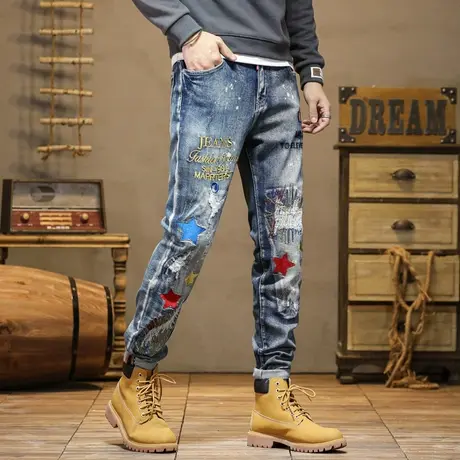 潮流刺绣印花牛仔裤高档破洞牛仔裤男款水洗美式高街牛仔裤休闲男图片