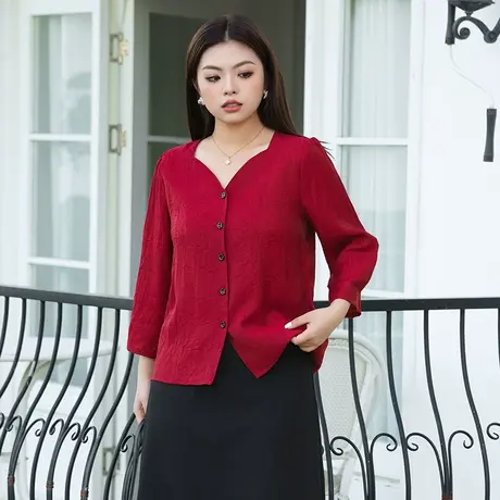 2024春装新款气质红色雪纺衬衫7分袖直筒显瘦胖MM大码新年上衣女图片