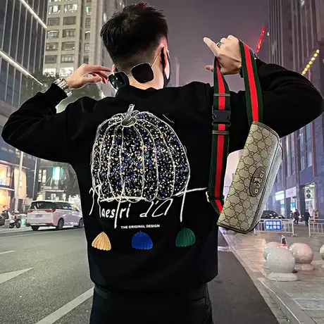 春季卫衣男2024新款潮牌轻奢重工刺绣印花高级感上衣宽松长袖潮T图片