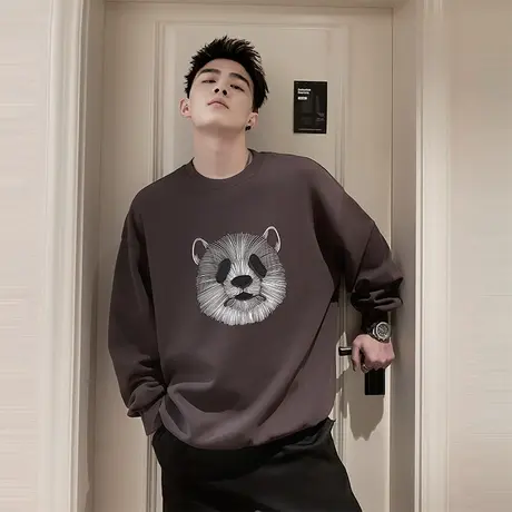 潮牌卫衣男国潮熊猫印花上衣春季2024新款时尚宽松圆领长袖t恤衫图片