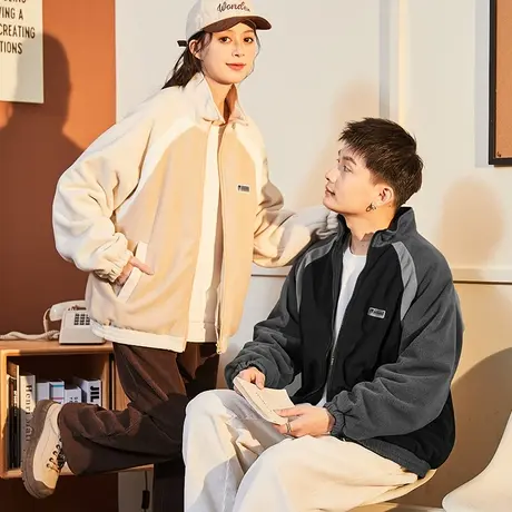 唐狮2023冬季新款摇粒绒外套情侣休闲保暖拼接情侣装外套男女1.22商品大图