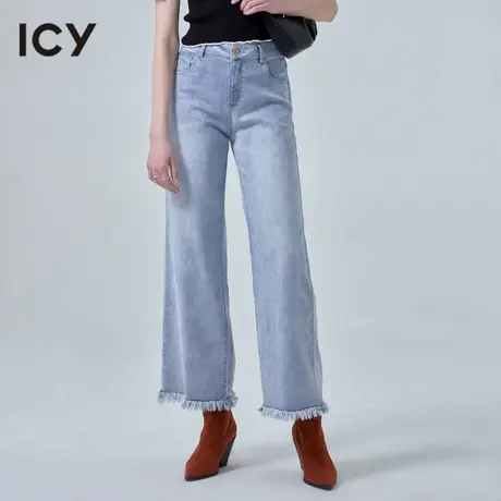 icy女装设计时尚阔腿修长直筒女洋气毛边裤脚垂感长牛仔裤图片
