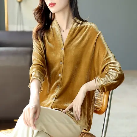 宝诗黎V领蝙蝠袖丝绒衬衫2023春季新款长袖休闲开衫上衣女士衬衣商品大图