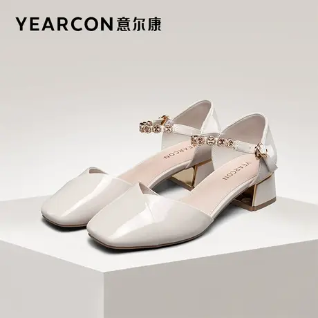 意尔康女鞋夏季包头凉鞋粗跟漆皮方头外穿法式仙女风一字式扣带图片
