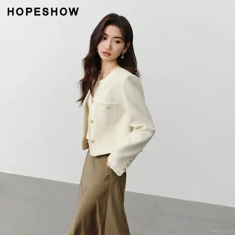 红袖淑女香风圆领短外套hopeshow2024春季新款单排扣白色上衣女商品大图