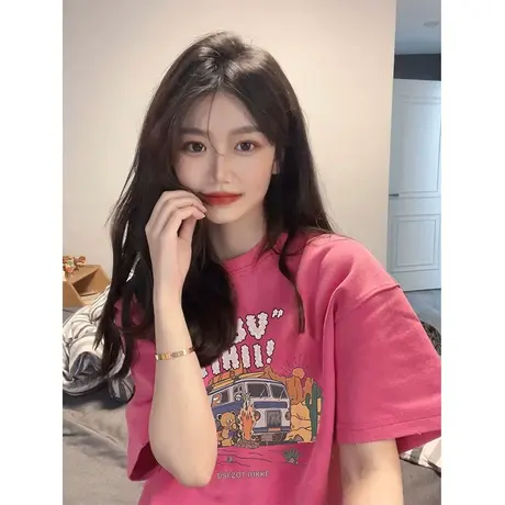 玫红色短袖t恤女ins潮夏季2022新款纯棉宽松小众设计感半袖上衣图片