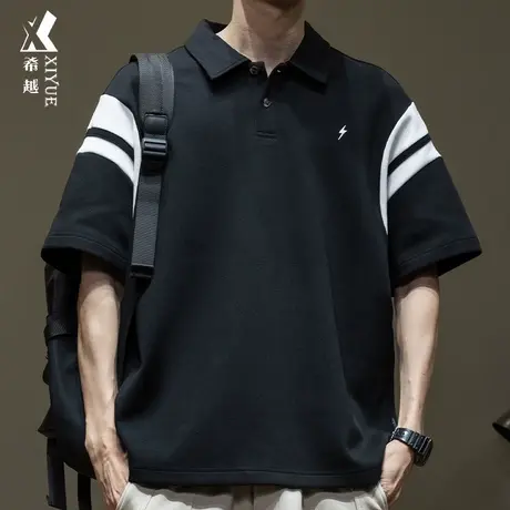 希越复古运动风polo衫男2024春季款宽松大码百搭男士短袖T恤衬衫商品大图
