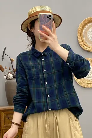 春秋新款韩版文艺柔软双层纱纯棉格子长袖衬衫女宽松百搭打底上衣商品大图