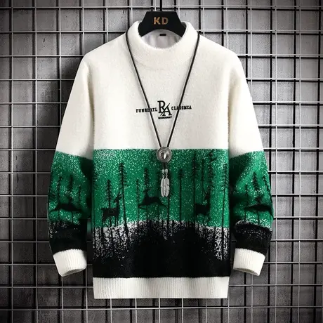 潮流个性半高领毛衣男士针织衫秋冬季新款青少年学生长袖打底衫帅商品大图