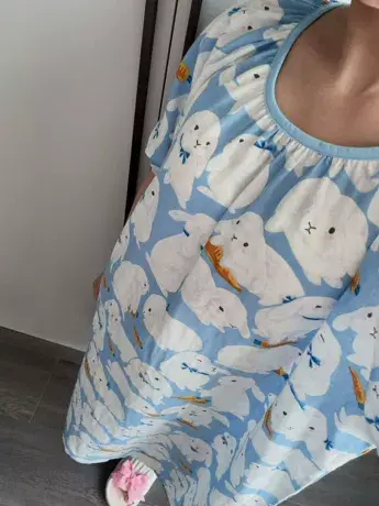 可爱熊猫白兔印花纯棉双层纱布宽松舒适居家中长睡裙商品大图