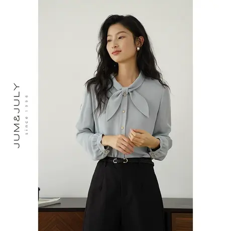 嘉茱莉2024早春新款飘带领结衬衫外套女法式叠穿衬衫设计感上衣商品大图