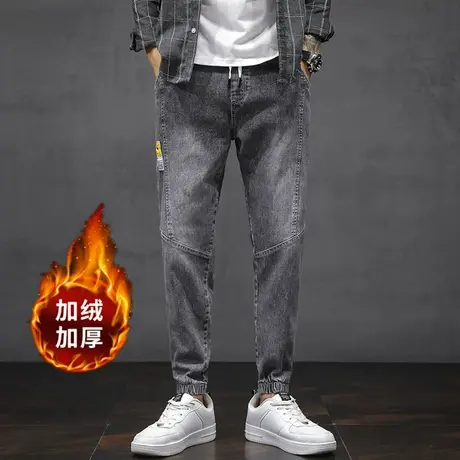 秋冬款牛仔长裤男修身小脚潮牌弹力秋季潮流百搭休闲加绒男士裤子商品大图