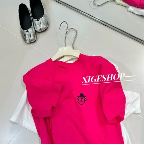 卡通头像印花宽松短袖T恤女春夏ins潮显白玫红色棉质百搭休闲上衣图片