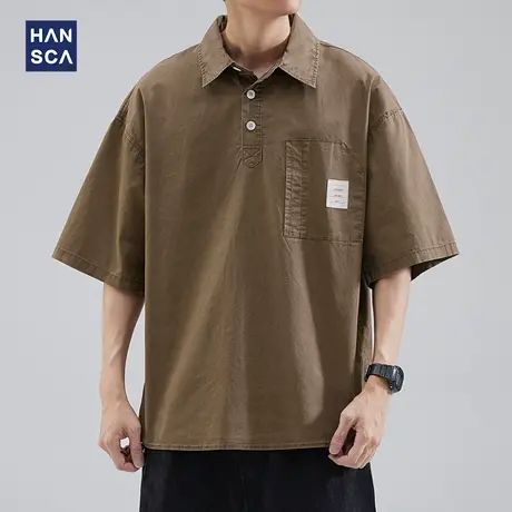 hansca休闲短袖衬衫男宽松日系2023夏季潮牌痞帅纯棉复古半袖衬衣商品大图