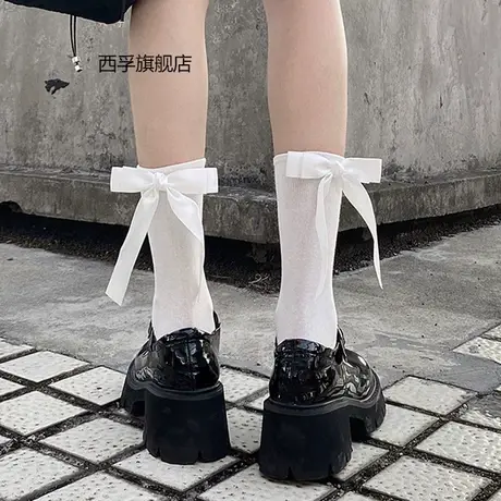 Lolita洛丽塔甜美后跟植绒蝴蝶结中筒棉袜黑白色精梳棉小腿袜秋冬商品大图