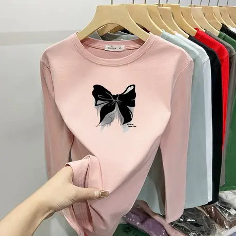 正肩t恤女圆领长袖纯棉设计感小众印花外穿上衣欧货chic上衣甜辣图片