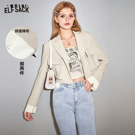 妖精的口袋衬衫拼接西装外套女2024早春新款小个子设计感短款外套商品大图