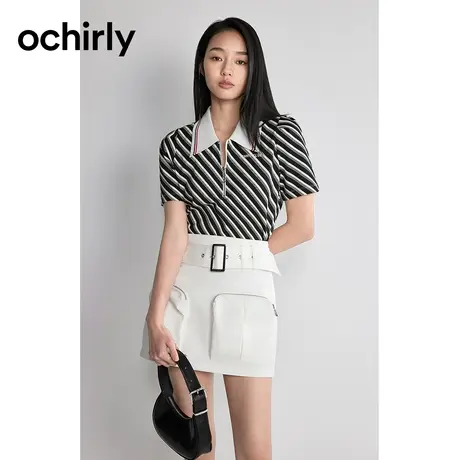 Polo领印花条纹短袖短针织衫女 ochirly欧时力2024新款春装透气图片