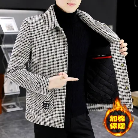 夹棉外套男士格子短款小风衣秋冬季潮流韩版加厚帅气休闲呢子夹克商品大图